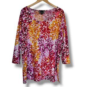 Slinky Brand Floral Abstract Tunic Top 1X 3/4 Sleeve Pink White Yellow Stretch